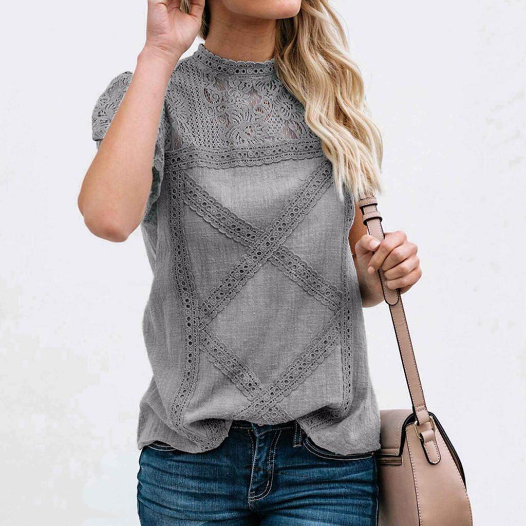 Womens Lace Patchwork Flare Ruffles Short Sleeve Cute Cotton Shirt Blouse Top Plus Size Loose Casual