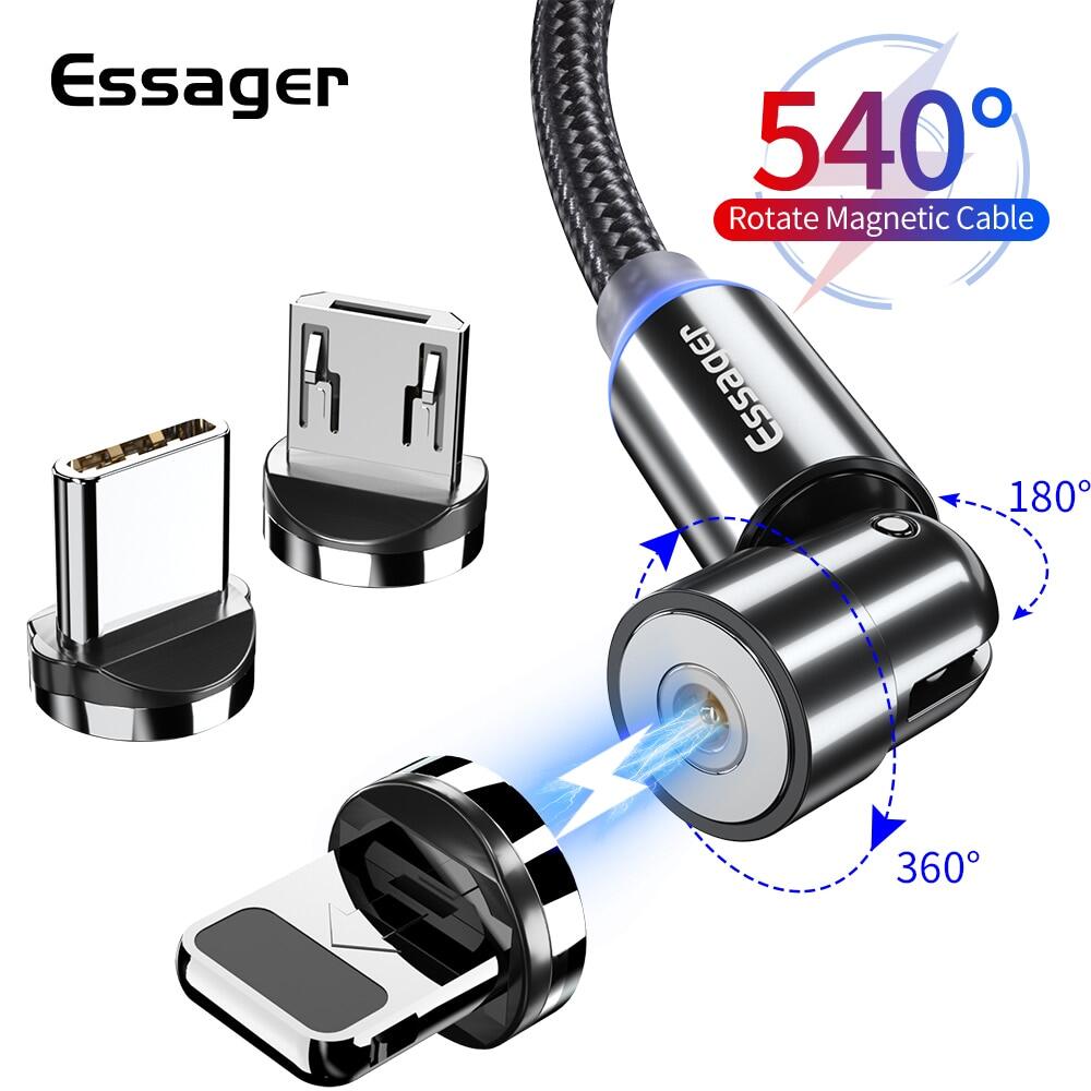 Essager 540 Rotate 1M/2Meter Magnetic LED Cable Micro USB / Type C / IOS Cable For iPhone 11 Pro Max Fast Charging Magnet Charger Cable Android